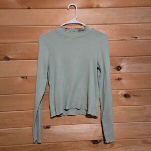 American Eagle Sage Green Ribbed Soft Scallop Ruffle Turtleneck Top Medium